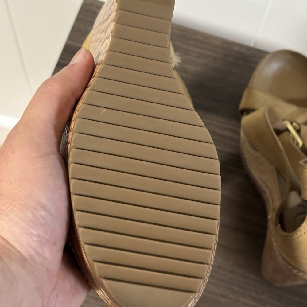 Pre-owned Tory‎ Burch Women's Tan Leather High Heel Wedge Sandals Sz 7M - Picture 5 of 6